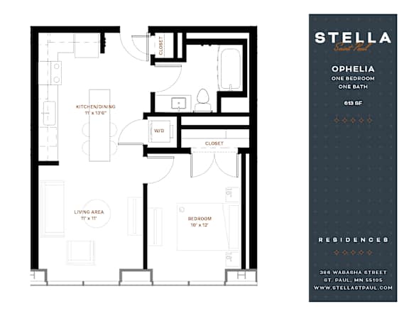 A floor plan for a one bedroom apartment at Stella Residences.