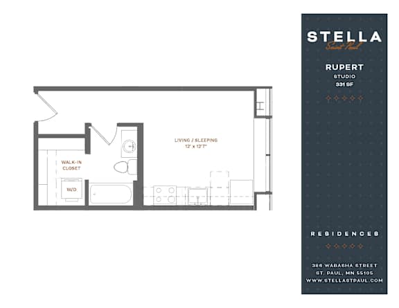 A floor plan for a Stella Residences studio apartment.