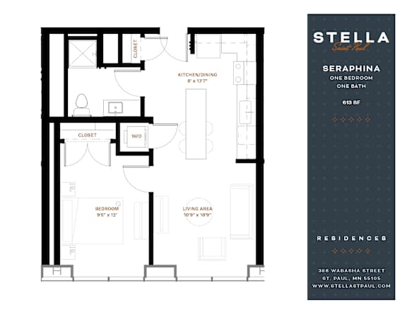 A floor plan for a one bedroom apartment at Stella Residences.