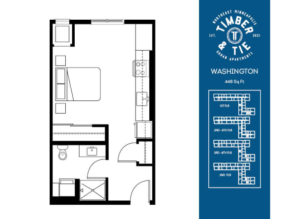 Studio Washington floorplan at Timber and Tie Apartments, MN, 55343