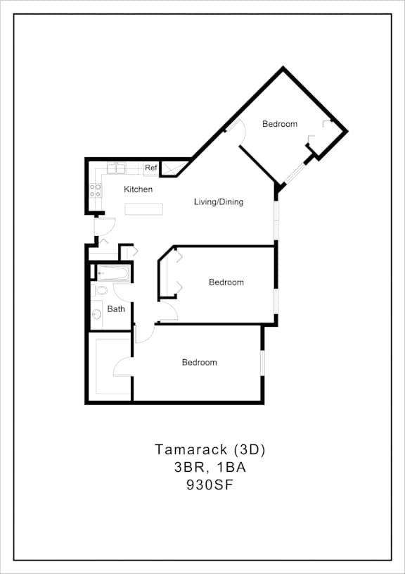 A black and white image of a floor plan for a Tamarack 3D, 3BR, 1BA, 930SF.