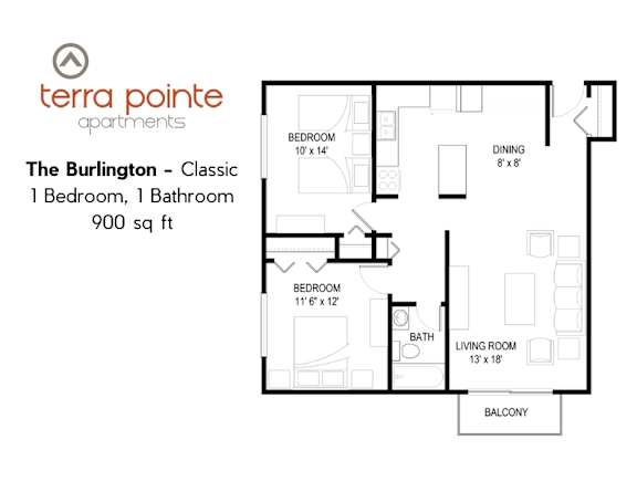 A floor plan for a 900 sq ft apartment with one bedroom and one bathroom.