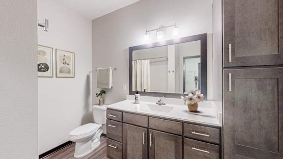 A bathroom with a toilet, sink, and mirror.