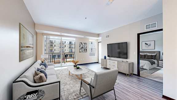 A living room with a grey sofa and a television.