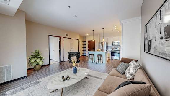 A living room with a couch, a coffee table, and a potted plant.