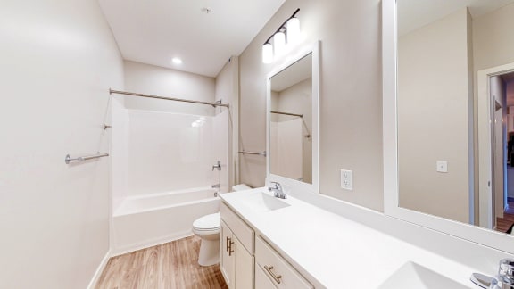 a bathroom with a bathtub and a toilet