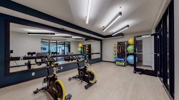 a gym with exercise equipment and weights