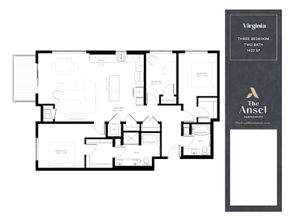 A floor plan for a three bedroom apartment in Virginia.
