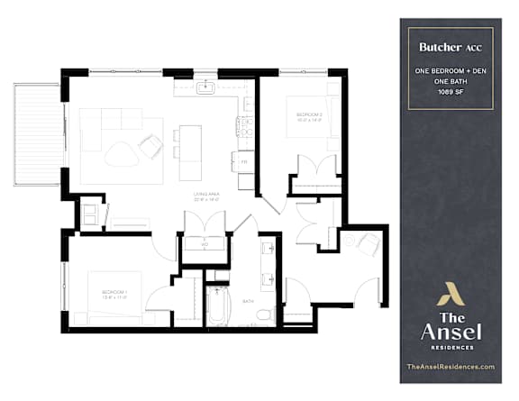 Butcher accessible floorplan, one bedroom plus den floorplan at The Ansel Residences in Vadnais Heights, Minnesota