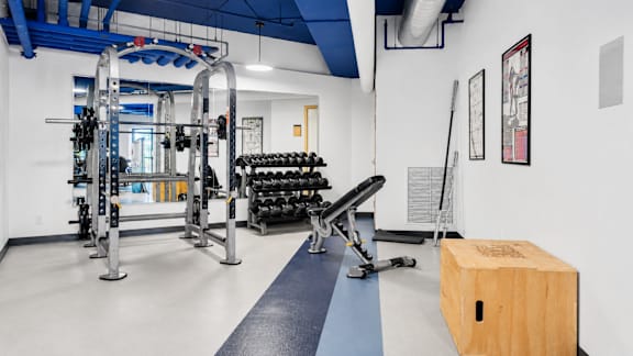 A gym with a variety of equipment including a squat rack, bench press, and a rowing machine.