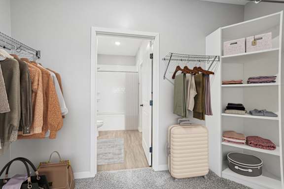 A white closet with clothes and a suitcase.