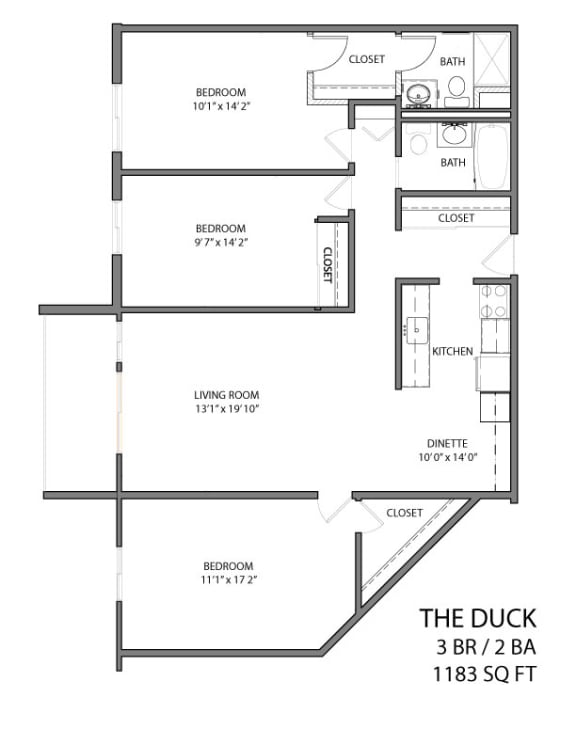 Floor Plan  The duck floor plan layout with 3 bedrooms and 2 bathrooms