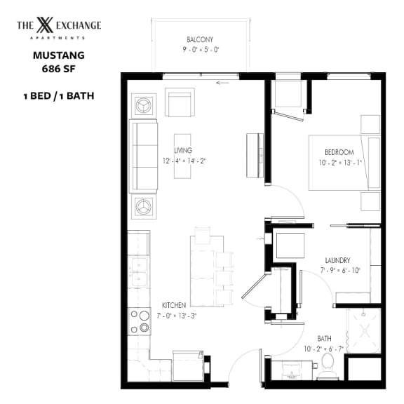 Mustang Floor Plan at The Exchange Apartments, New Brighton, 55112