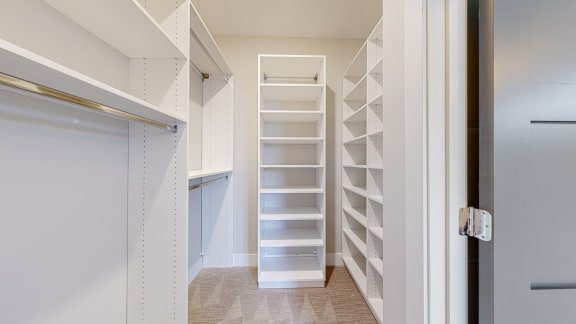 a walk in closet with white shelves and a white ladder