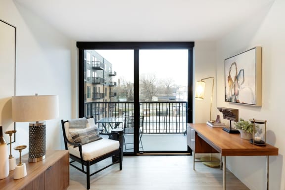 View of Balcony with glass door at The Hill Apartments, Saint Paul, Minnesota