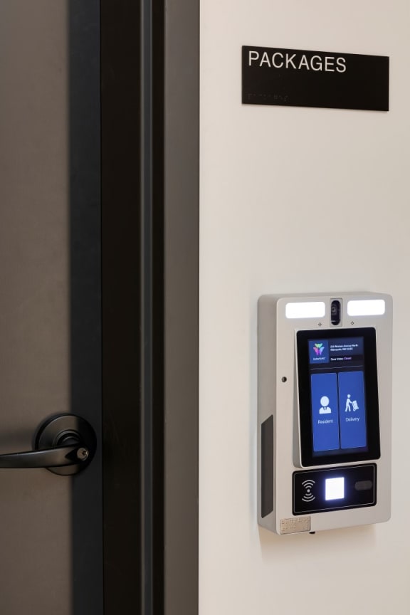 a door with a screen on it and a door handle