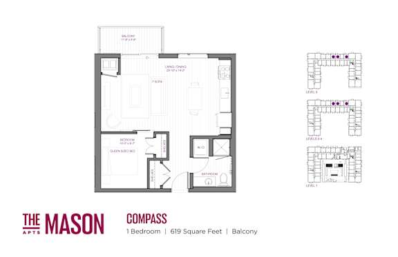 A floor plan for a one bedroom apartment at The Mason Apartments.