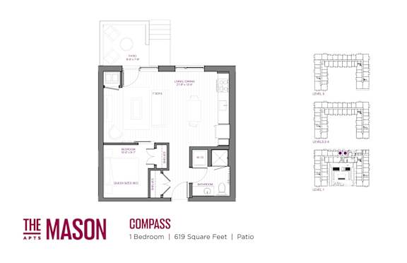 A floor plan for a one bedroom apartment at The Mason Apartments.
