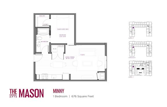 A floor plan for a one bedroom apartment at The Mason Apartments.