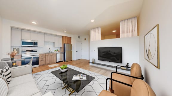 a living room with a couch and a table