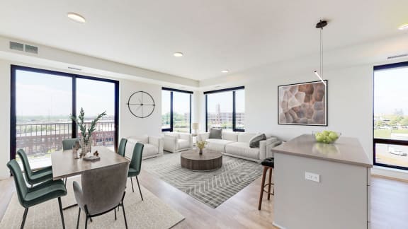a living room with a couch and a table