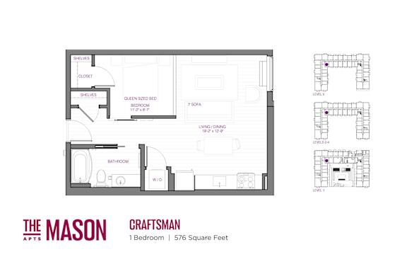 A floor plan for a one bedroom apartment at The Mason Apartments.
