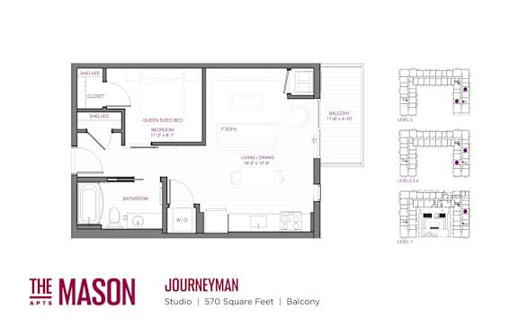 A floor plan of a studio apartment at The Mason Apartments.