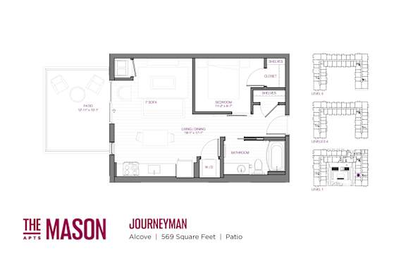 A floor plan of a one bedroom apartment with a living room, kitchen, and bathroom.