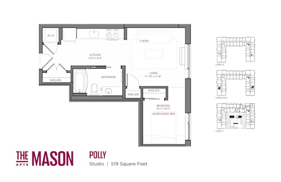 A floor plan for a studio apartment at 519 Square Feet.