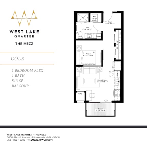 A floor plan for a property at West Lake Quarter shows a 1 bedroom, 1 bath, 513 square foot balcony.