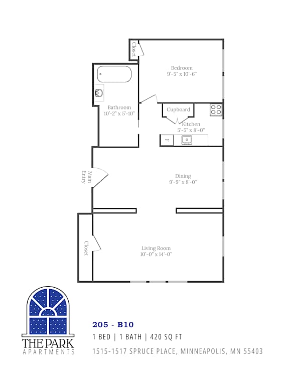 A floor plan for a 420 square foot apartment with one bed and one bath.