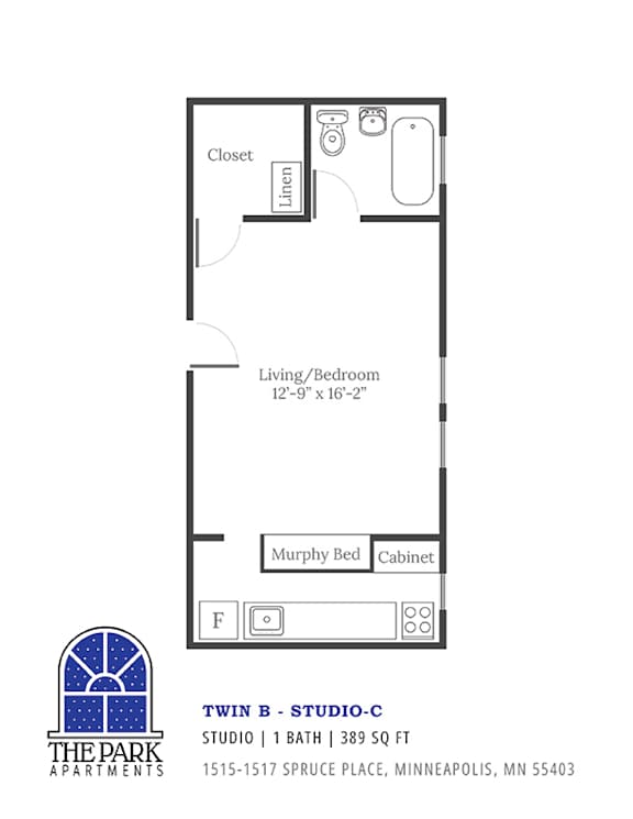 A floor plan for a studio apartment with a bedroom and bathroom.