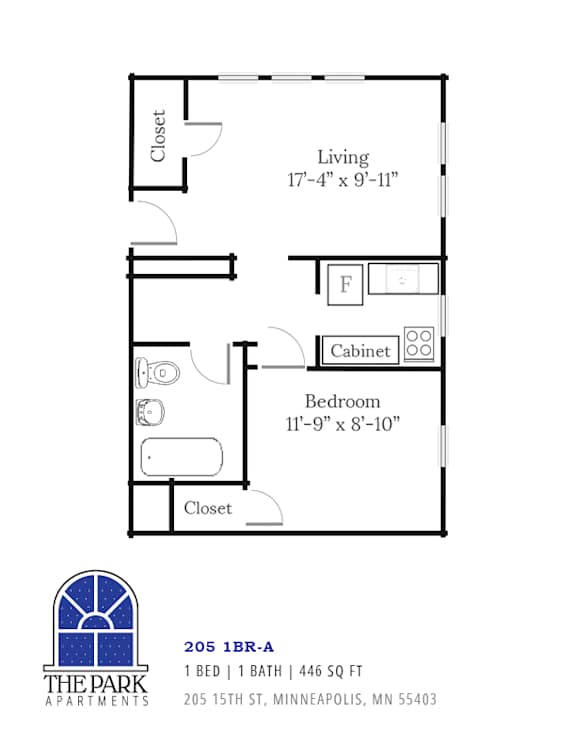 A floor plan for a 1 bedroom apartment at The Park Apartments.