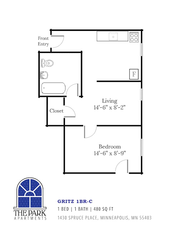 A floor plan for a 1 bedroom apartment at The Park Apartments.