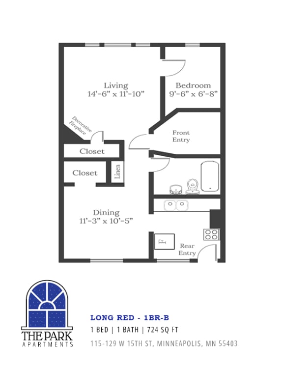 Floor Plan Layout of Long Red 1 Bedroom Apartment at The Park Apartments in Minneapolis, MN