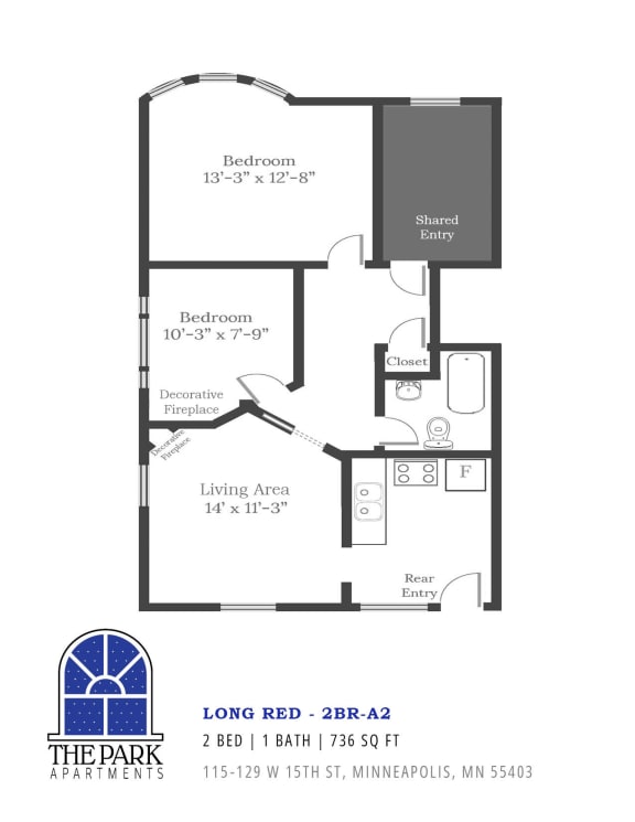 a floor plan of long red 2 bedroom apartment