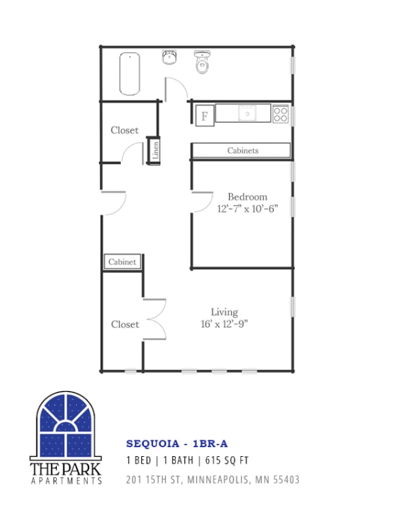 Floor Plan Layout for The Sequoia One Bedroom at the Park Apartments in Minneapolis, 55403