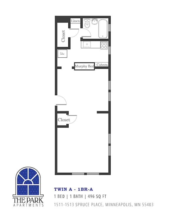 A floor plan for a 1 bedroom apartment with a bath.