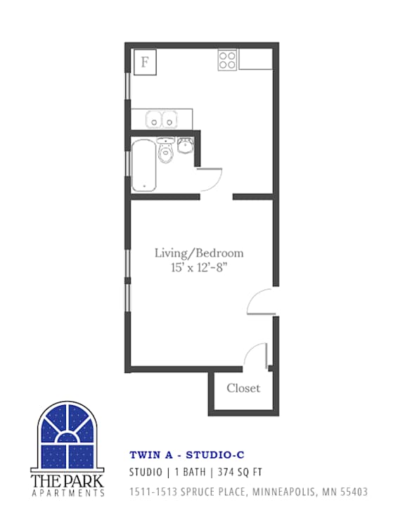 A black and white image of a floor plan for a studio apartment.