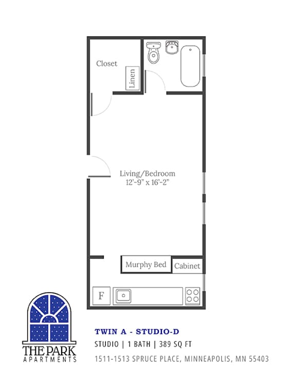 A floor plan of a studio apartment with a living/bedroom area, closet, and bathroom.