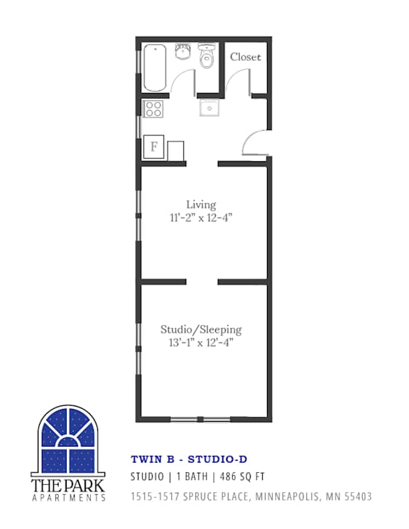 A floor plan for a studio apartment with a living area, a bathroom, and a sleeping area.