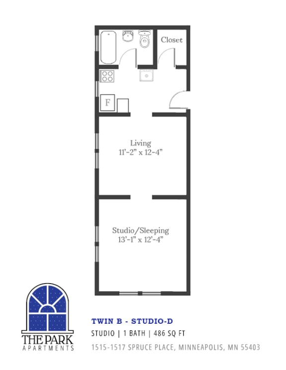 Floor Plan Blueprints of a Spacious Studio Apartment at The Park Apartments in Minneapolis, MN
