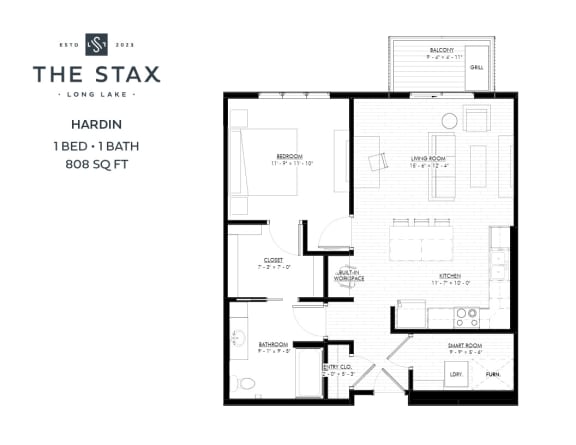 Hardin 808 Square Foot 1 Bedroom Floor Plan at The Stax of Long Lake in MN 55356