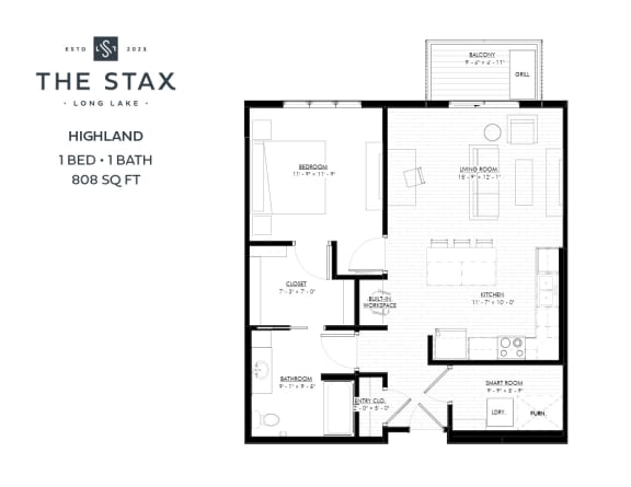 1 Bedroom Highland Floor Plan with 808 Square Feet at The Stax of Long Lake in MN
