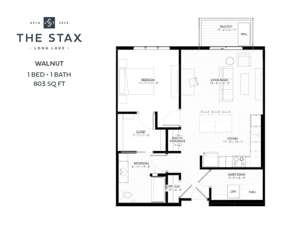 Walnut 1 Bedroom Floorplan at The Stax of Long Lake in Minnesota, 55356