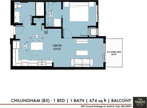 1 bed 1 bath floor plan Jat The Yards, Minnesota