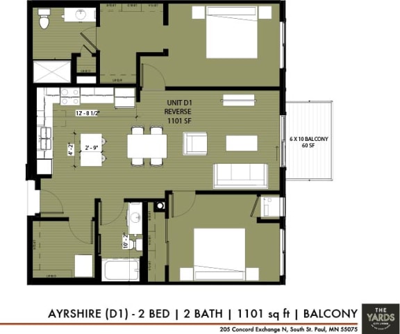 2 bed 2 bath floor plan at The Yards, South St. Paul, Minnesota