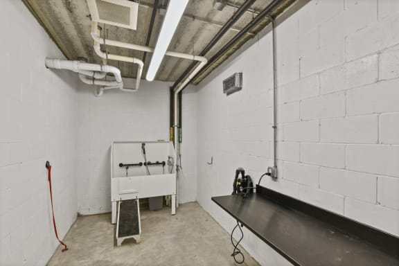 the interior of a white room with a sink and a counter
