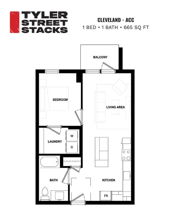 A floor plan for a 1 bedroom, 1 bathroom apartment at Tyler Street Stacks in Cleveland, Ohio.