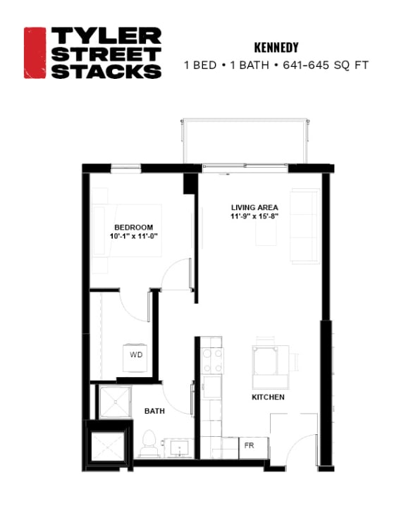 Kennedy one bed, one bath, 641-645 square foot apartment floor plan at Tyler Street Stacks in Minneapolis, MN